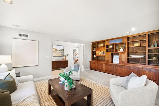 3016 Milagro Way, Fullerton, CA 92835 - living area with stairway, carpet flooring, recessed lighting, and baseboards