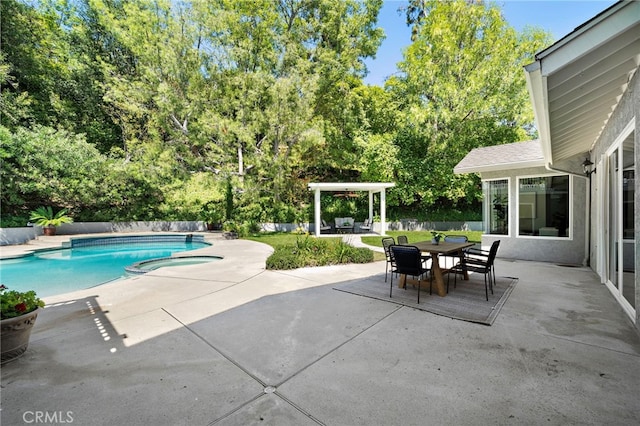 3016 Milagro Way, Fullerton, CA 92835 - view of swimming pool featuring a patio, outdoor dining space, view of scattered trees, and a pool with connected hot tub