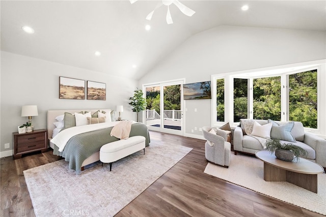 3016 Milagro Way, Fullerton, CA 92835 - bedroom featuring access to outside, recessed lighting, high vaulted ceiling, a ceiling fan, and baseboards