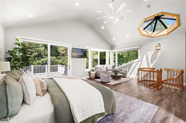 3016 Milagro Way, Fullerton, CA 92835 - bedroom featuring access to outside, high vaulted ceiling, recessed lighting, a skylight, and wood finished floors