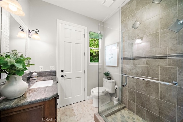 3016 Milagro Way, Fullerton, CA 92835 - bathroom featuring vanity, a shower stall, toilet, and tile patterned flooring
