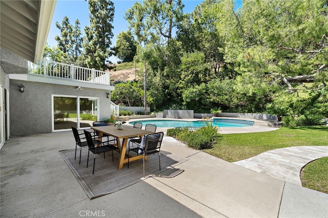 3016 Milagro Way, Fullerton, CA 92835 - view of swimming pool featuring a patio area, view of scattered trees, outdoor dining area, and a lawn