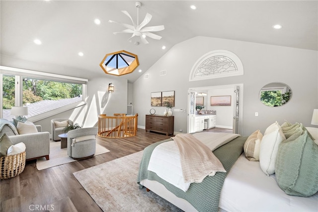 3016 Milagro Way, Fullerton, CA 92835 - bedroom with recessed lighting, high vaulted ceiling, wood finished floors, and baseboards