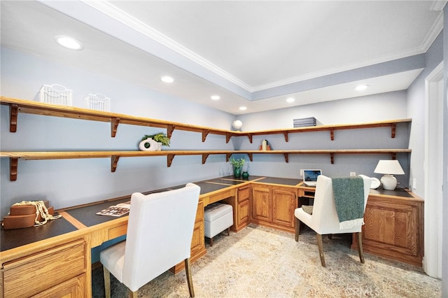 3016 Milagro Way, Fullerton, CA 92835 - office featuring built in desk, crown molding, and recessed lighting