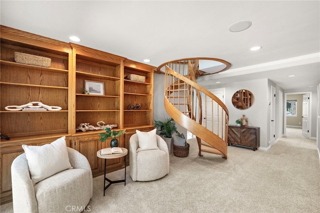 3016 Milagro Way, Fullerton, CA 92835 - living area with carpet flooring, stairs, recessed lighting, and baseboards