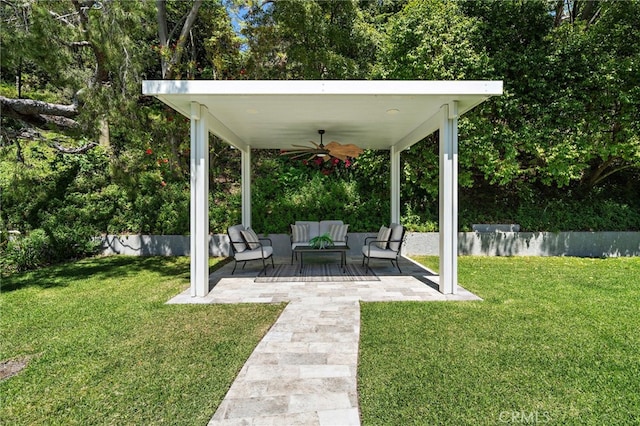 3016 Milagro Way, Fullerton, CA 92835 - view of grassy yard featuring a ceiling fan, an outdoor living space, and a patio area