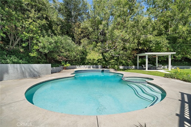 3016 Milagro Way, Fullerton, CA 92835 - view of pool with a pool with connected hot tub, a patio area, view of scattered trees, and a gazebo