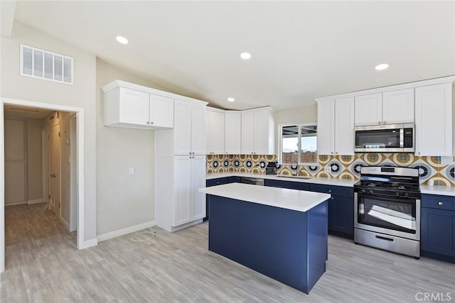 5951 Rose Ellen Ave Unit 29, Palms, CA 92277 - kitchen featuring stainless steel appliances, a sink, light countertops, decorative backsplash, and white cabinets
