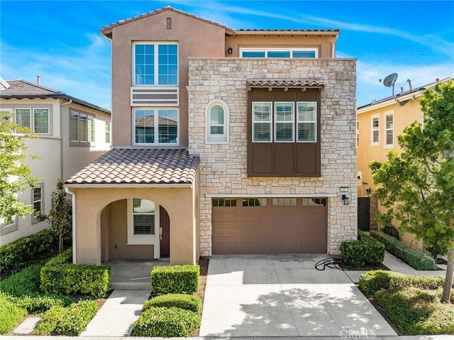 62 Pelican Ln, Irvine, CA 92618 - view of front of house featuring stone siding, stucco siding, driveway, a tiled roof, and a garage