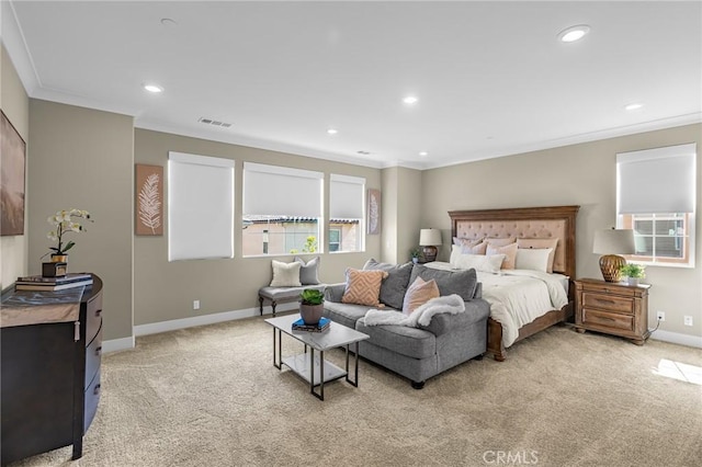 62 Pelican Ln, Irvine, CA 92618 - bedroom with light carpet, ornamental molding, baseboards, and recessed lighting