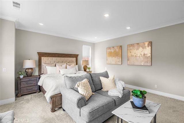62 Pelican Ln, Irvine, CA 92618 - bedroom with crown molding, light carpet, baseboards, and recessed lighting