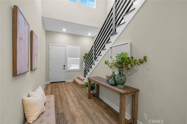 62 Pelican Ln, Irvine, CA 92618 - foyer with stairs, wood finished floors, baseboards, and recessed lighting