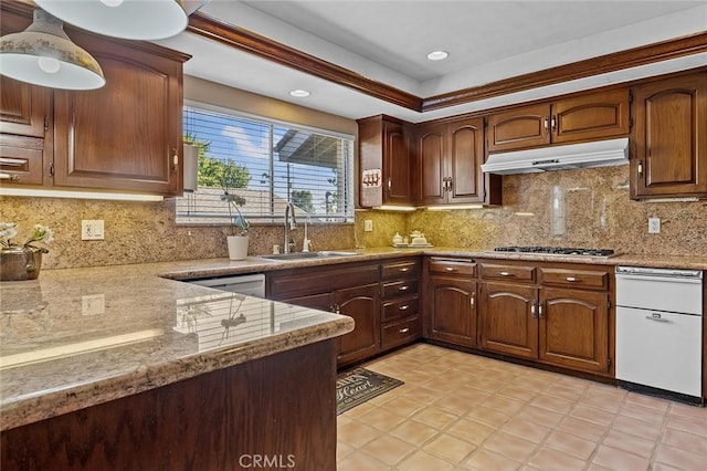 11180 Bertrand Ave, Granada Hills, CA 91344 - kitchen with a sink, under cabinet range hood, tasteful backsplash, recessed lighting, and light stone counters