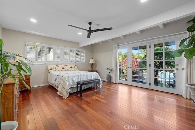 11180 Bertrand Ave, Granada Hills, CA 91344 - bedroom with access to outside, hardwood / wood-style flooring, recessed lighting, a ceiling fan, and baseboards