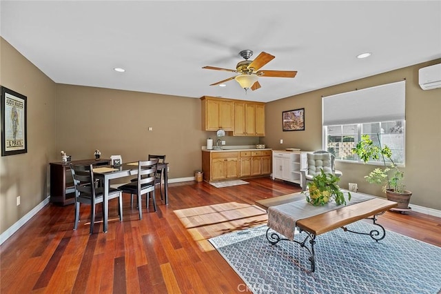 11180 Bertrand Ave, Granada Hills, CA 91344 - living area with ceiling fan, dark wood-style flooring, baseboards, recessed lighting, and a wall mounted air conditioner
