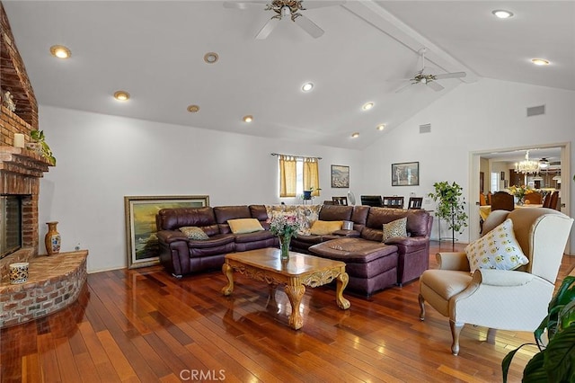 11180 Bertrand Ave, Granada Hills, CA 91344 - living room featuring ceiling fan, a fireplace, hardwood / wood-style flooring, beamed ceiling, and high vaulted ceiling