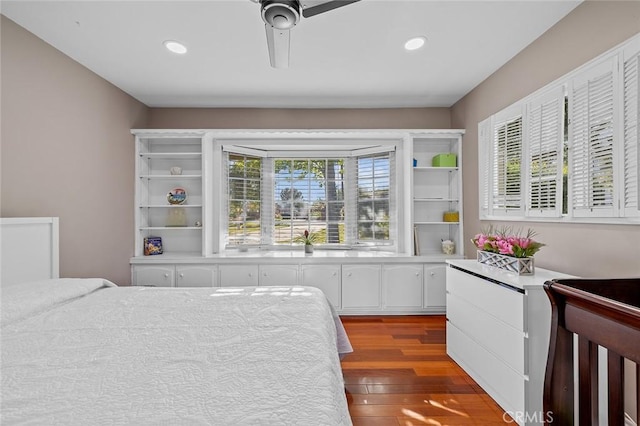 11180 Bertrand Ave, Granada Hills, CA 91344 - bedroom featuring dark wood-style floors, recessed lighting, and ceiling fan