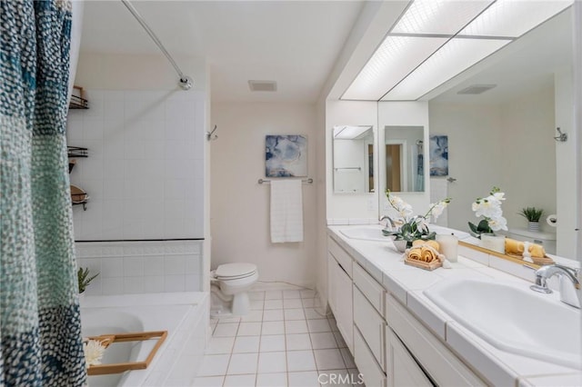 1375 Kelton Ave Unit 104, Los Angeles, CA 90024 - full bathroom with toilet, double vanity, tile patterned floors, and tiled shower / bath combo