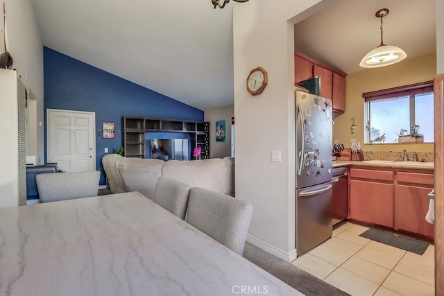 1775 Freeman Ave Unit 304, Long Beach, CA 90804 - dining area featuring baseboards, high vaulted ceiling, and light tile patterned flooring