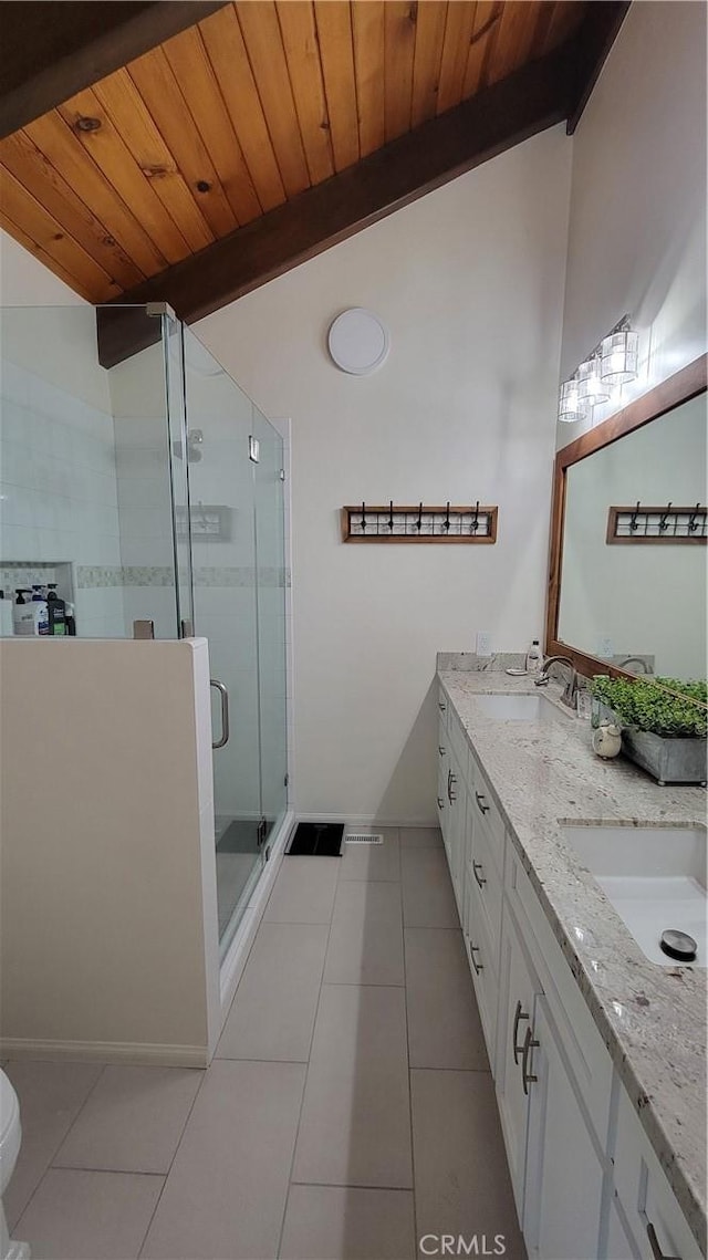 221 Darfo Dr, Crestline, CA 92325 - bathroom with double vanity, tile patterned flooring, a shower stall, wooden ceiling, and toilet