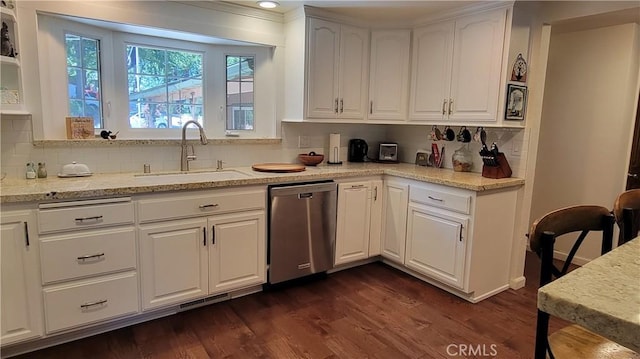 221 Darfo Dr, Crestline, CA 92325 - kitchen with dishwasher, a sink, dark wood-style flooring, white cabinets, and tasteful backsplash