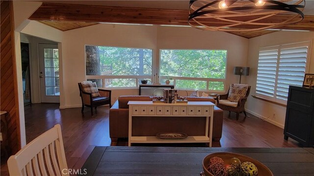 221 Darfo Dr, Crestline, CA 92325 - living room with wood finished floors, healthy amount of natural light, and a chandelier