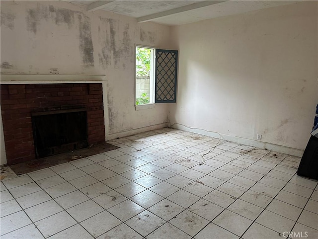 4058 Bledsoe Ave, Culver City, CA 90066 - unfurnished living room featuring light tile patterned floors, a brick fireplace, beamed ceiling, and baseboards