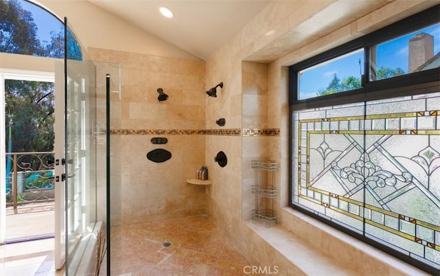 27773 Hidden Trail Rd, Laguna Hills, CA 92653 - bathroom featuring tiled shower, vaulted ceiling, and recessed lighting
