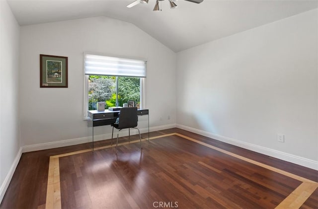 27773 Hidden Trail Rd, Laguna Hills, CA 92653 - unfurnished office featuring a ceiling fan, wood finished floors, lofted ceiling, and baseboards