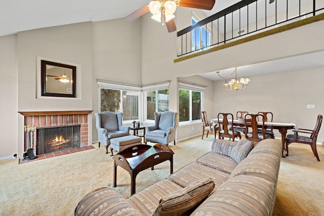 8468 Calle Morelos, San Diego, CA 92126 - living area featuring carpet, baseboards, high vaulted ceiling, and a ceiling fan
