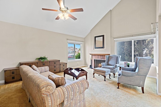 8468 Calle Morelos, San Diego, CA 92126 - living area featuring carpet floors, high vaulted ceiling, baseboards, ceiling fan, and a brick fireplace