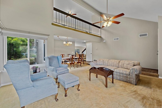8468 Calle Morelos, San Diego, CA 92126 - living room featuring high vaulted ceiling, ceiling fan, a chandelier, stairway, and beam ceiling