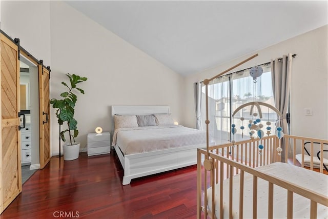 1814 Grant Ave Unit 7, Redondo Beach, CA 90278 - bedroom with a barn door, wood finished floors, and lofted ceiling