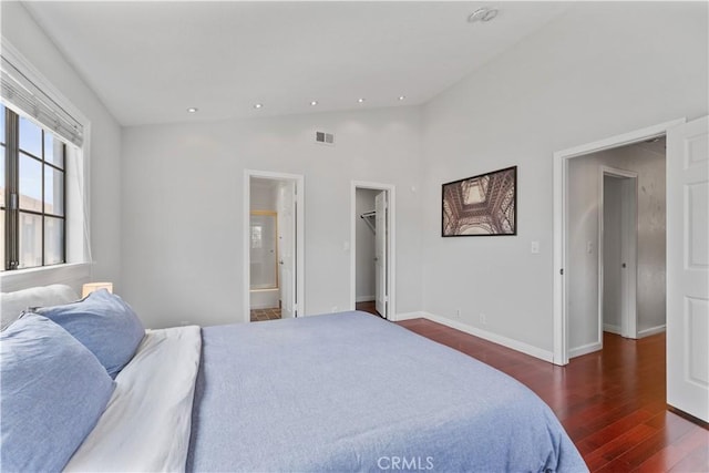 1814 Grant Ave Unit 7, Redondo Beach, CA 90278 - bedroom featuring wood finished floors, lofted ceiling, a walk in closet, ensuite bath, and recessed lighting