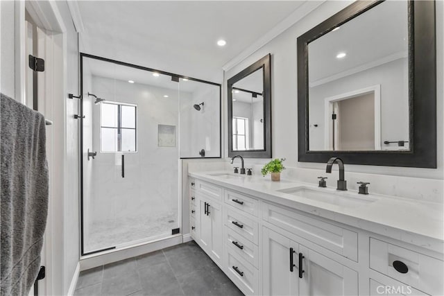 1814 Grant Ave Unit 7, Redondo Beach, CA 90278 - bathroom featuring a marble finish shower, double vanity, ornamental molding, tile patterned floors, and recessed lighting