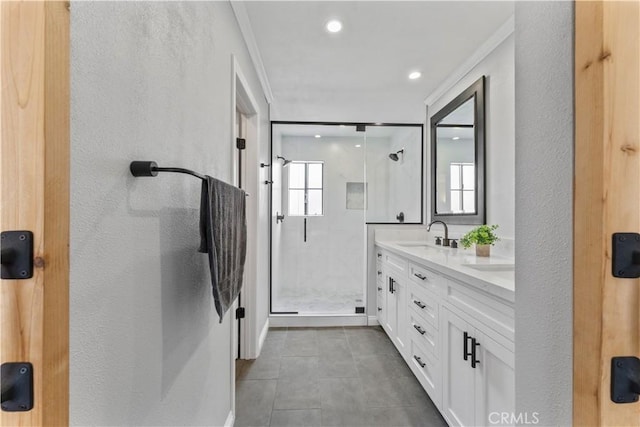 1814 Grant Ave Unit 7, Redondo Beach, CA 90278 - full bath featuring ornamental molding, a shower stall, double vanity, recessed lighting, and tile patterned floors