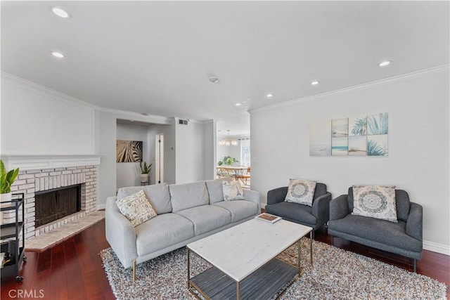 1814 Grant Ave Unit 7, Redondo Beach, CA 90278 - living room with ornamental molding, dark wood finished floors, recessed lighting, a fireplace, and a chandelier
