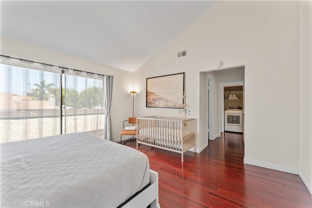 1814 Grant Ave Unit 7, Redondo Beach, CA 90278 - bedroom with wood finished floors, washer / dryer, and high vaulted ceiling