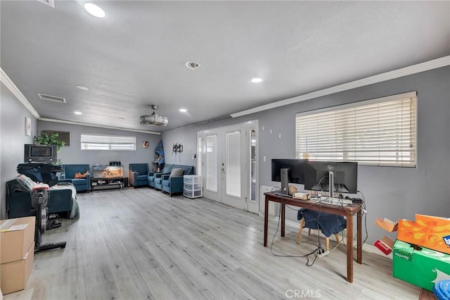 20554 Valerio St, Winnetka, CA 91306 - office area featuring ornamental molding, french doors, recessed lighting, and wood finished floors