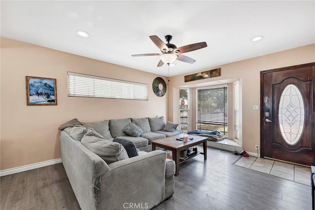 20554 Valerio St, Winnetka, CA 91306 - living room with a ceiling fan, wood finished floors, and recessed lighting