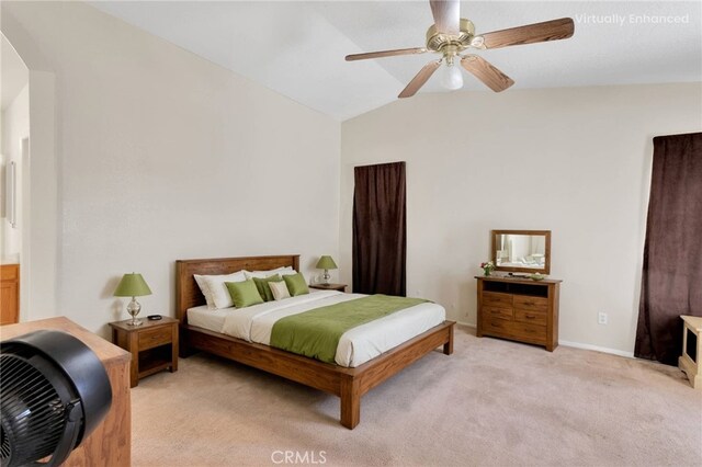 9275 Verdugo Ave, Hesperia, CA 92345 - bedroom with vaulted ceiling, light colored carpet, a ceiling fan, arched walkways, and baseboards