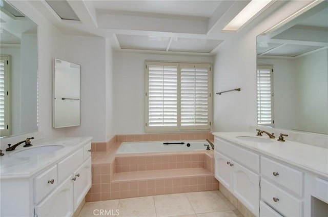 6052 Shadowbrook Cir, Huntington Beach, CA 92648 - bathroom with two vanities, a bath, and healthy amount of natural light