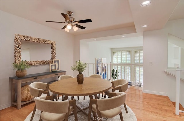 6052 Shadowbrook Cir, Huntington Beach, CA 92648 - dining space with a ceiling fan, light wood finished floors, recessed lighting, and baseboards