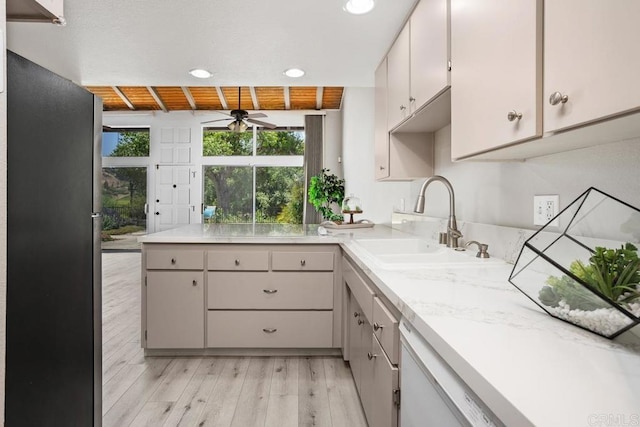 3404 Oak Cliff Dr Unit 2, Fallbrook, CA 92028 - kitchen featuring a sink, a ceiling fan, freestanding refrigerator, light wood-type flooring, and dishwasher