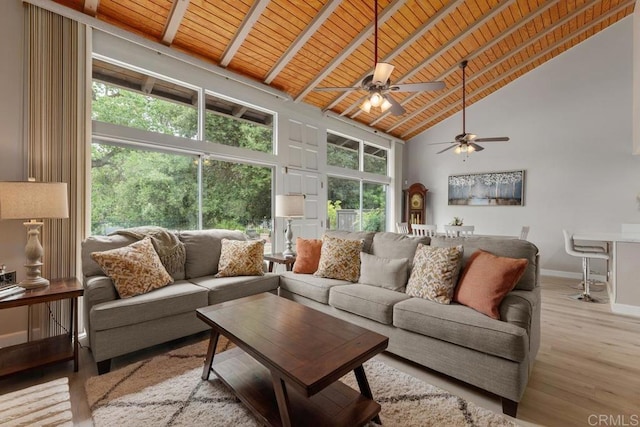 3404 Oak Cliff Dr Unit 2, Fallbrook, CA 92028 - living room with wood ceiling with exposed beams, baseboards, wood finished floors, a ceiling fan, and high vaulted ceiling