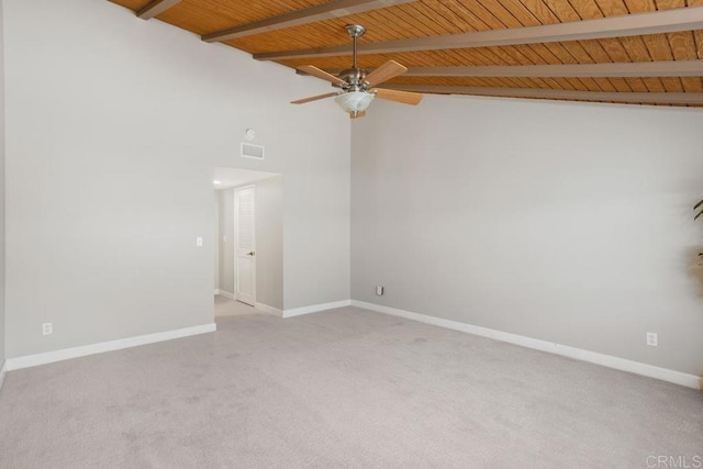 3404 Oak Cliff Dr Unit 2, Fallbrook, CA 92028 - spare room with carpet floors, a ceiling fan, baseboards, wood ceiling with exposed beams, and high vaulted ceiling