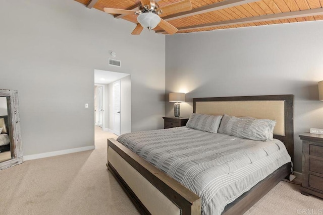 3404 Oak Cliff Dr Unit 2, Fallbrook, CA 92028 - carpeted bedroom featuring wood ceiling with exposed beams, baseboards, and ceiling fan