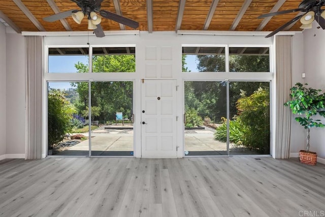 3404 Oak Cliff Dr Unit 2, Fallbrook, CA 92028 - doorway to outside featuring ceiling fan, wood finished floors, wooden ceiling with exposed beams, and baseboards