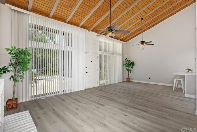 3404 Oak Cliff Dr Unit 2, Fallbrook, CA 92028 - unfurnished living room with plenty of natural light, a ceiling fan, high vaulted ceiling, wood finished floors, and wooden ceiling with exposed beams