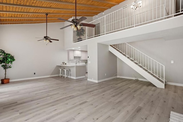 3404 Oak Cliff Dr Unit 2, Fallbrook, CA 92028 - unfurnished living room with baseboards, stairs, high vaulted ceiling, ceiling fan, and wooden ceiling with exposed beams